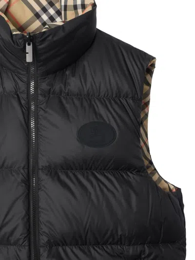 Burberry Beige Sleeveless Reversible Down Jacket With High Neck And All-over Check Motif In Tech Fabric Man In Neutral