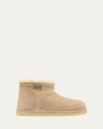 Miu Miu Suede Shearling-lined Booties In Neutral