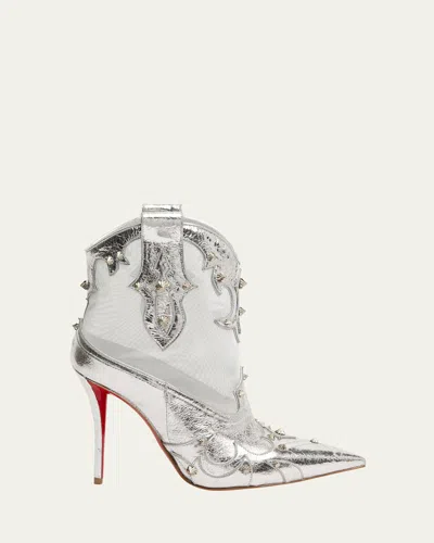 Christian Louboutin Santia Spike Metallic Leather Red Sole Western Booties In Multi