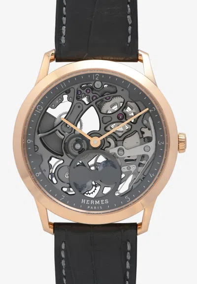 Hermes Slim D' Squelette Lune Graphite Matte Alligator Strap - 39.5 Mm In Brown