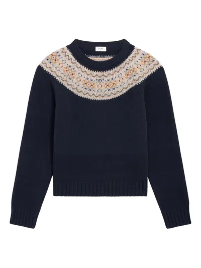Celine Crewneck Sweater In Triomphe Fair Isle Wool In Blue