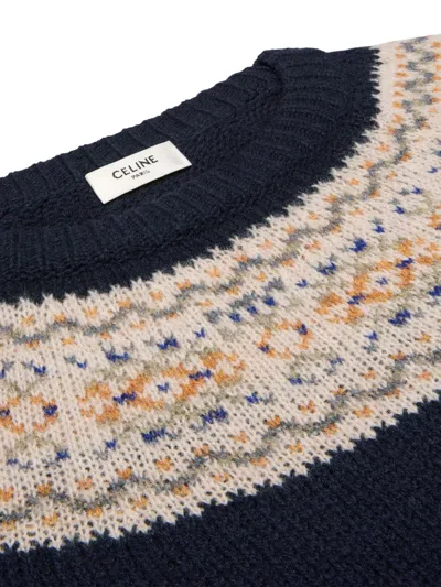Celine Crewneck Sweater In Triomphe Fair Isle Wool In Blue
