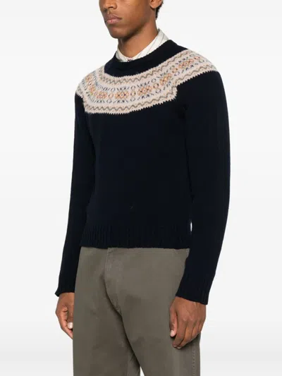 Celine Crewneck Sweater In Triomphe Fair Isle Wool In Blue