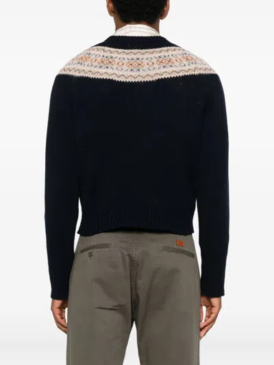 Celine Crewneck Sweater In Triomphe Fair Isle Wool In Blue