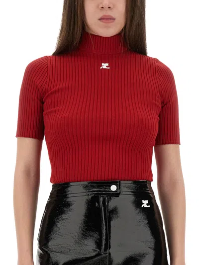 Courrèges Knit Viscose Blend Logo Top In Red