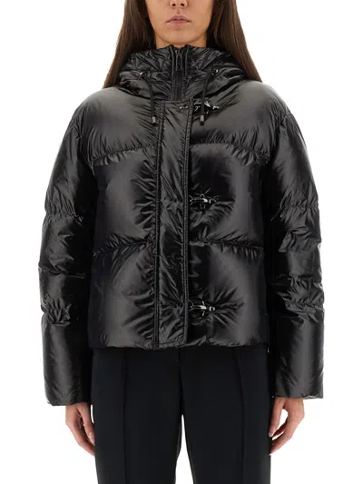 Fay Cropped Black Nylon Down Jacket With Iconic Fastening And Windproof Cuffs In Animal Print