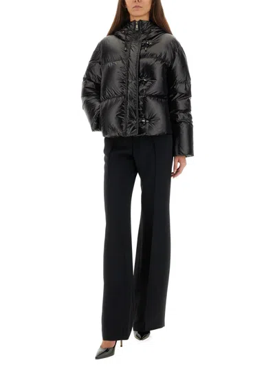 Fay Cropped Black Nylon Down Jacket With Iconic Fastening And Windproof Cuffs In Animal Print