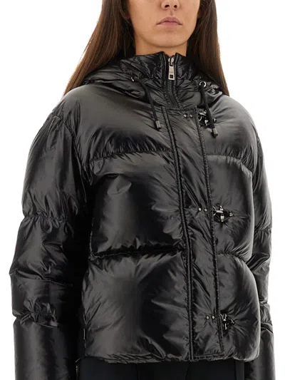 Fay Cropped Black Nylon Down Jacket With Iconic Fastening And Windproof Cuffs In Animal Print