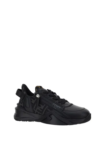 Fendi Men Leather Flow Sneakers With Ff Jacquard Fabric Inserts In Black
