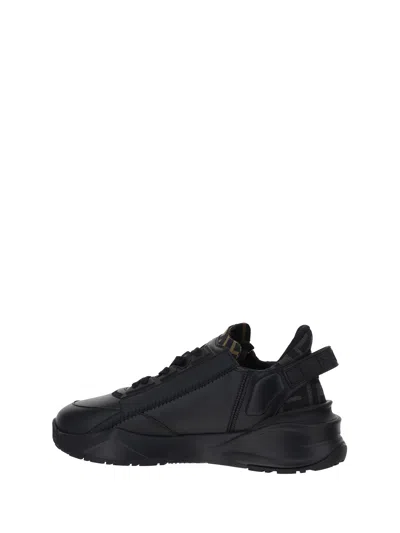 Fendi Men Leather Flow Sneakers With Ff Jacquard Fabric Inserts In Black