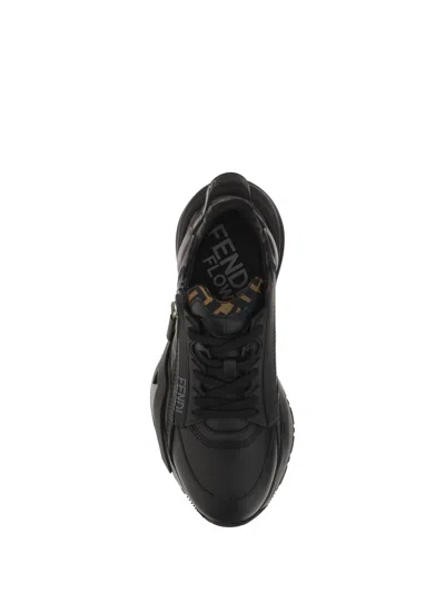 Fendi Men Leather Flow Sneakers With Ff Jacquard Fabric Inserts In Black