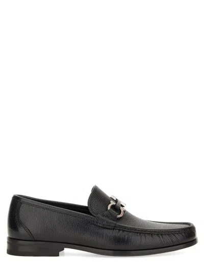 Ferragamo Gandioso Pebbled Moccasin With Gancini Ornament In Black Leather