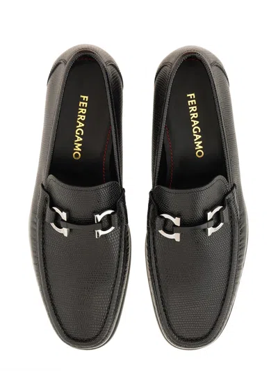 Ferragamo Gandioso Pebbled Moccasin With Gancini Ornament In Black Leather