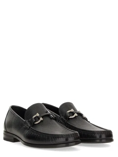 Ferragamo Gandioso Pebbled Moccasin With Gancini Ornament In Black Leather