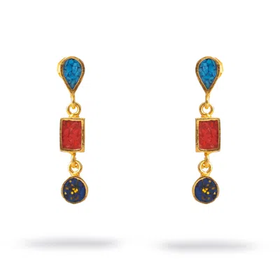 Ebru Jewelry Women's Blue / Red / Gold Trinity Gemstone Harmony Earrings - Multicolor In Multi