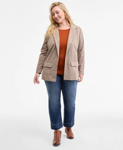 Liverpool Los Angeles Plus Size Plaid Boyfriend Blazer In Brown