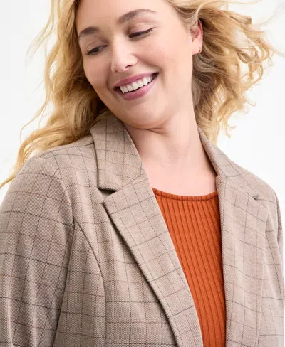 Liverpool Los Angeles Plus Size Plaid Boyfriend Blazer In Brown