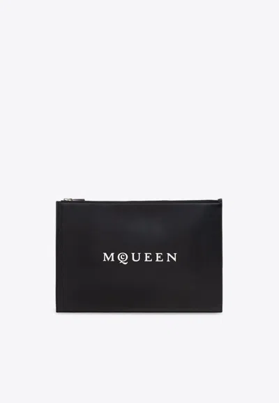 Alexander Mcqueen Logo Print Leather Zip Pouch In Black