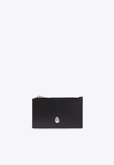 Alexander Mcqueen Skull Print Leather Zip Cardholder In Black