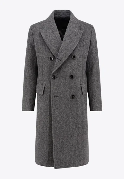 Tom Ford Mens Dark Grey Black Herringbone Double-breasted Wool Coat In Gray