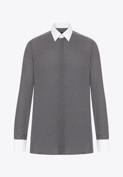 Tom Ford Cotton Shirt With Diamond Print And Contrast White Collar In Gray