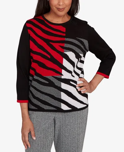 Alfred Dunner Petite Jet Setter Zebra Color Block Long Sleeve Sweater In Multi