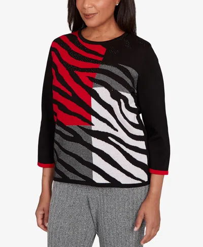 Alfred Dunner Petite Jet Setter Zebra Color Block Long Sleeve Sweater In Multi