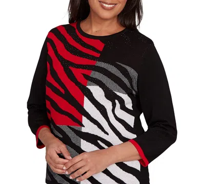 Alfred Dunner Petite Jet Setter Zebra Color Block Long Sleeve Sweater In Multi