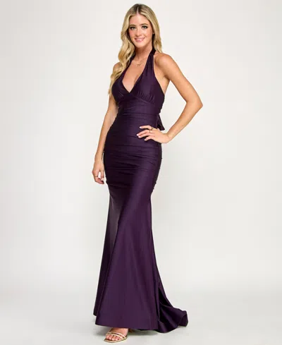 Emerald Sundae Juniors' Ruched Sleeveless Halter Gown In Blue