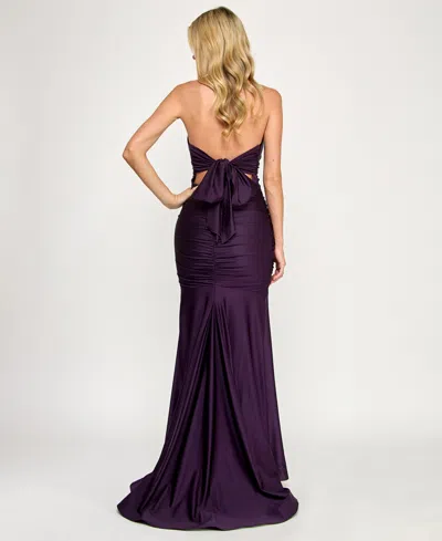 Emerald Sundae Juniors' Ruched Sleeveless Halter Gown In Blue