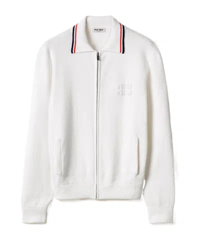 Miu Miu Stretch Cotton Blend Cardigan With Contrast Collar In White