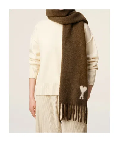 Ami Alexandre Mattiussi Rectangular Brown Alpaca Blend Scarf With Monogram Motif In Brown