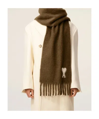 Ami Alexandre Mattiussi Rectangular Brown Alpaca Blend Scarf With Monogram Motif In Brown