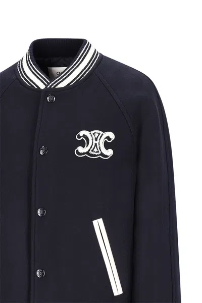 Celine Ribbed Collar Teddy Jacket With Side Pockets In Blue