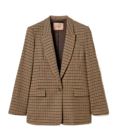 Twinset Beige Single-breasted Jacket With All-over Check Motif In Wool Blend Woman In Brown