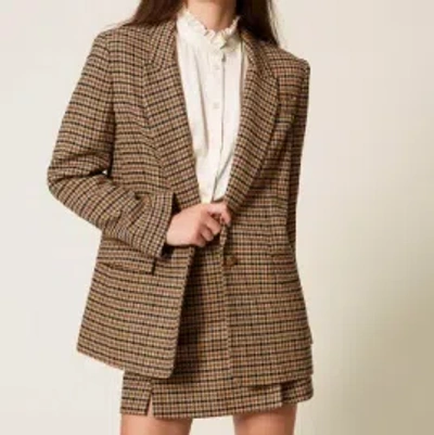 Twinset Beige Single-breasted Jacket With All-over Check Motif In Wool Blend Woman In Brown