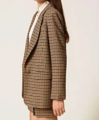 Twinset Beige Single-breasted Jacket With All-over Check Motif In Wool Blend Woman In Brown
