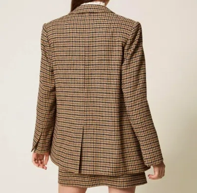 Twinset Beige Single-breasted Jacket With All-over Check Motif In Wool Blend Woman In Brown
