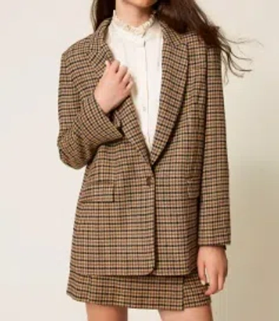 Twinset Beige Single-breasted Jacket With All-over Check Motif In Wool Blend Woman In Brown