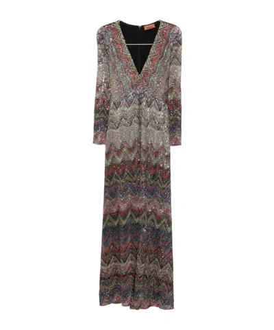 Missoni Langes Kleid Mit V-ausschnitt Und Zickzackmuster In Gray