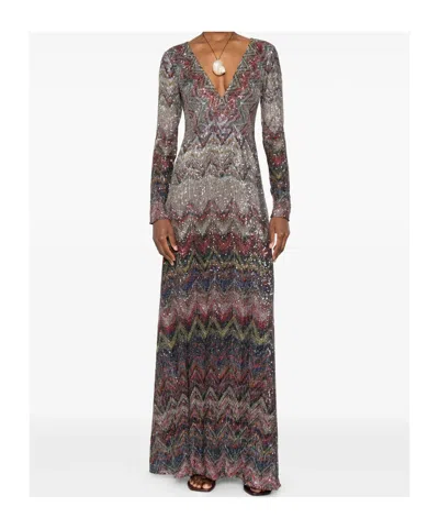 Missoni Langes Kleid Mit V-ausschnitt Und Zickzackmuster In Gray