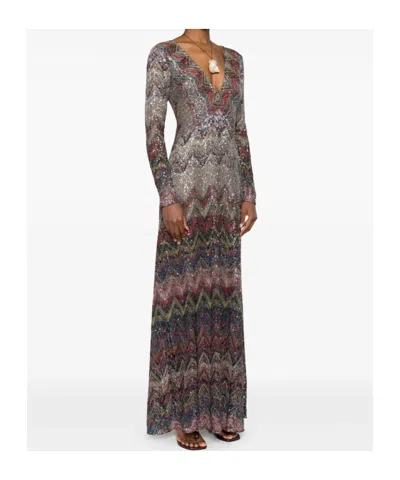 Missoni Langes Kleid Mit V-ausschnitt Und Zickzackmuster In Gray