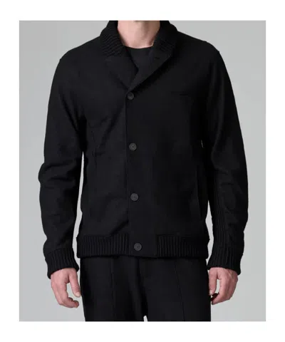 Transit Shawl Collar Black Cardigan With Button Closure And Chest Pocket In Blue