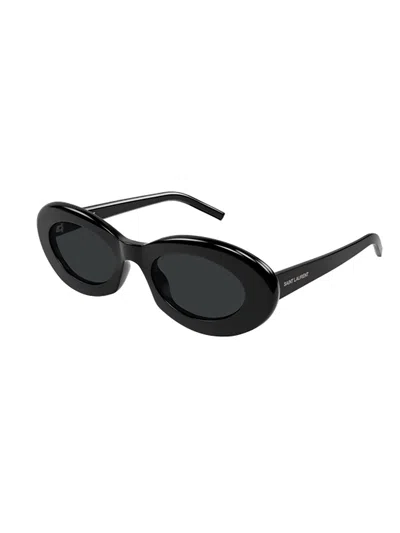 Saint Laurent Oval Frame Sunglasses Metal Hinges In Black