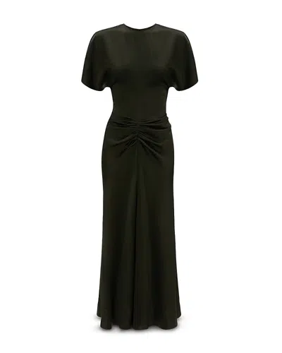 Victoria Beckham Gathered Waist Midi Dress Dark Olive In Black
