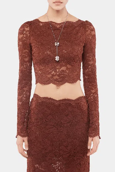 Rabanne Floral Lace Long Sleeve Cropped Top In Brown