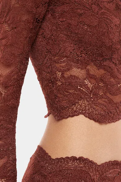 Rabanne Floral Lace Long Sleeve Cropped Top In Brown