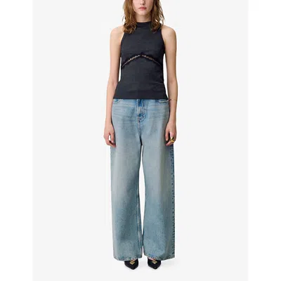 Claudie Pierlot Womens Black Sleeveless Lace-embroidered Stretch-knit T-shirt In Black