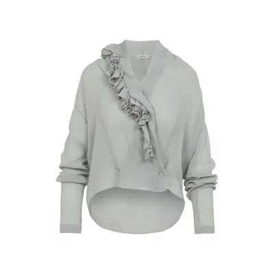 Alberta Ferretti Light Gray Ruffle Blouse With Deep V-neckline In White