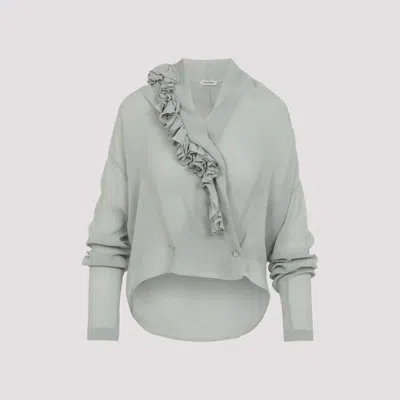 Alberta Ferretti Light Gray Ruffle Blouse With Deep V-neckline In White